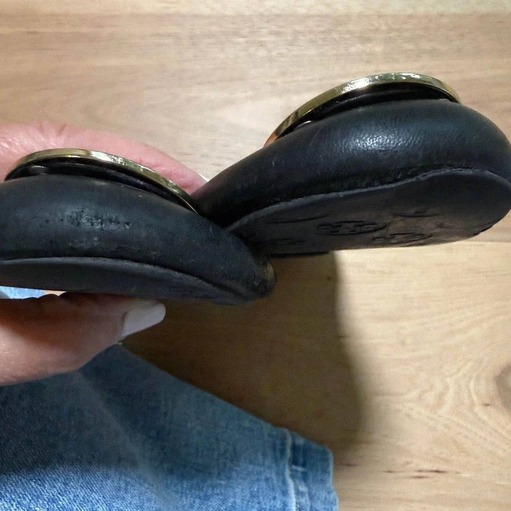 Tory Burch Minnie Travel Ballet Flats Womens 9.5 Black Gold Logo Medallion